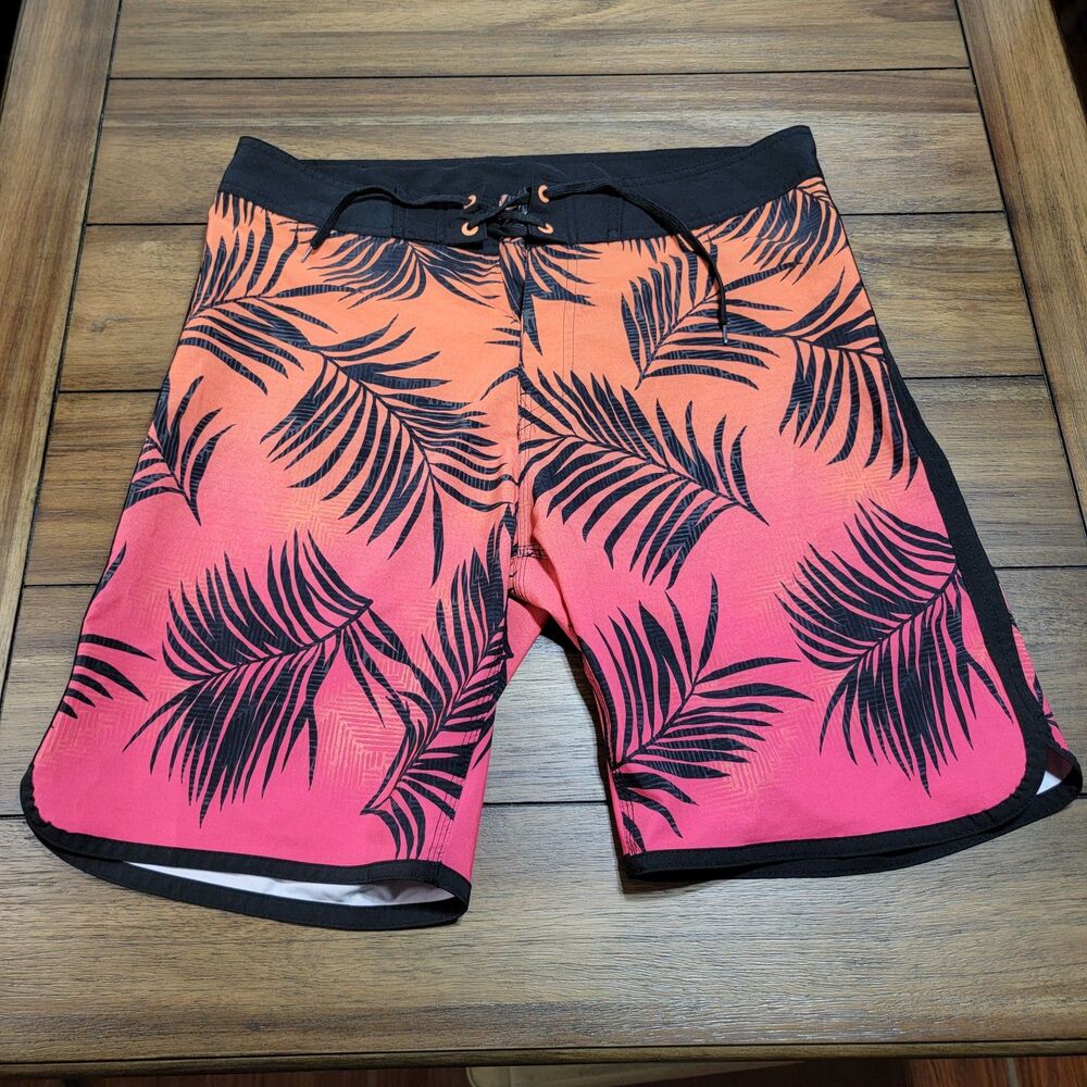 Burnside Board Shorts Orange/Pink Fade w/ Black Palm Leaves - Size 32